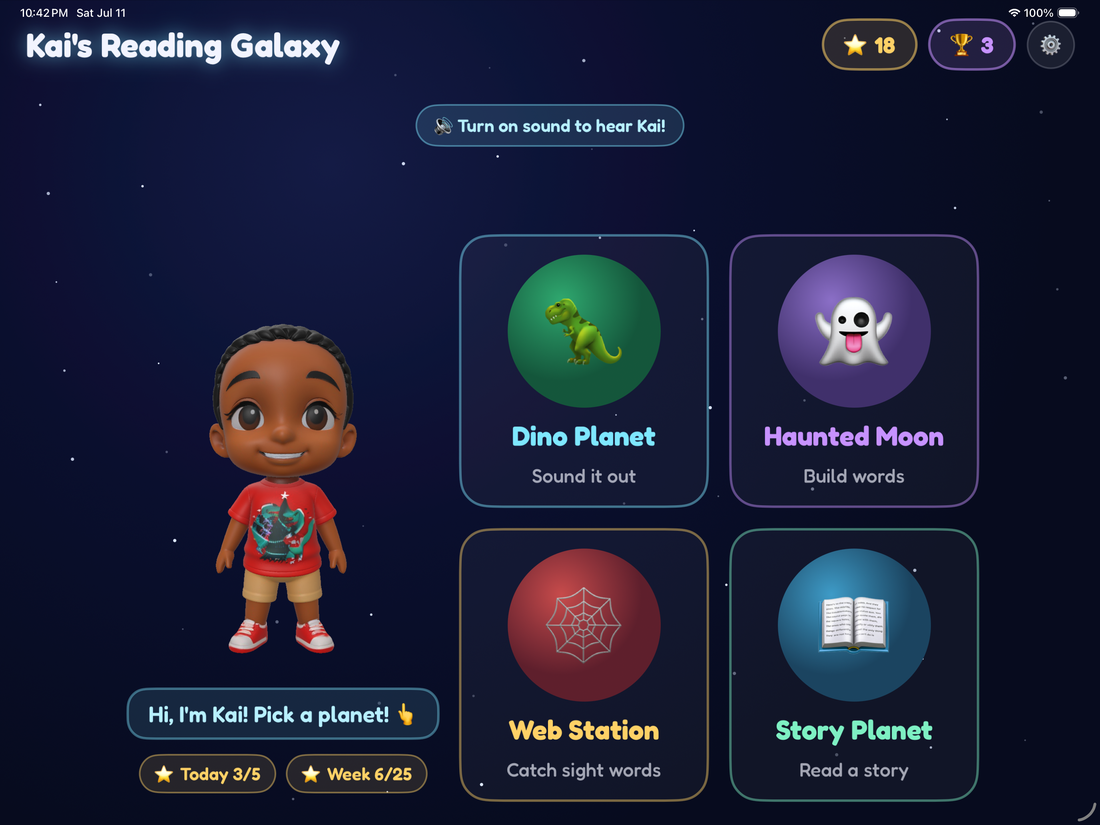 Kai's Reading Galaxy — the app's home screen showing Kai and four planets