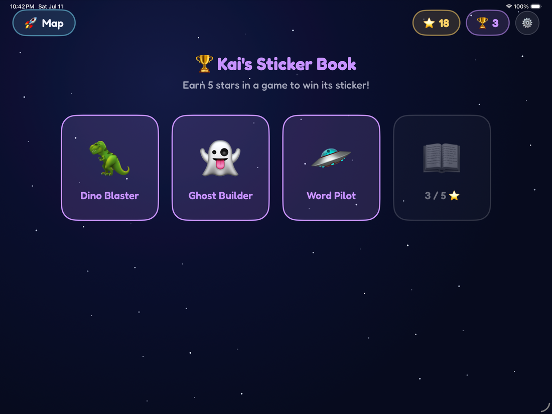 Kai's Sticker Book with earned stickers
